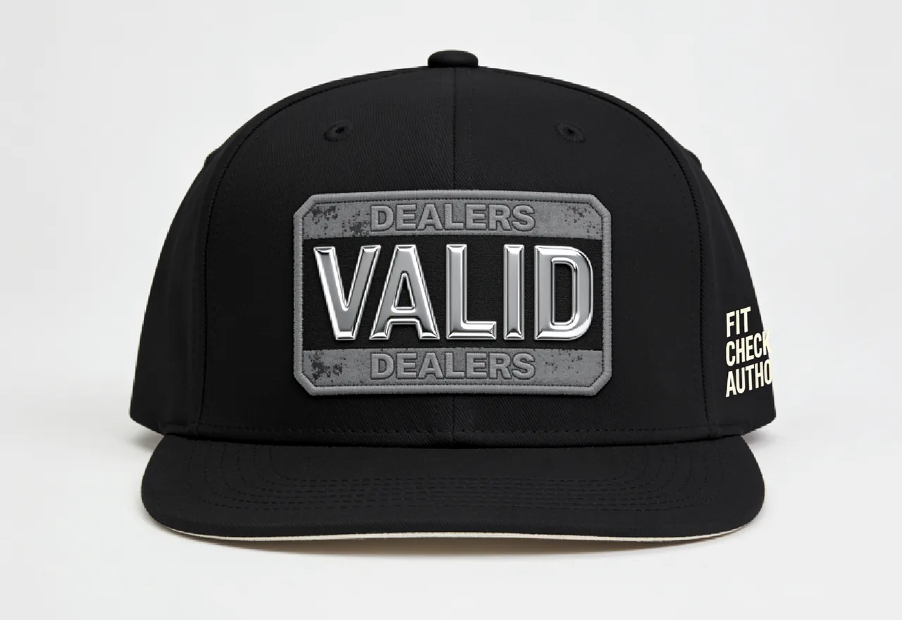 Black and cream Dealers Valid caps on a light studio background