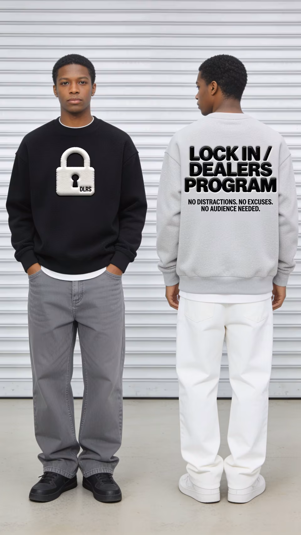 Models showing black front and gray back Dealers Program sweatshirts